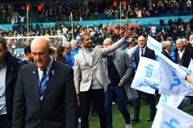 BACK 'HOME': Jermaine Beckford celebrates Leeds United's centenary last October. Picture by Jonathan Gawthorpe.