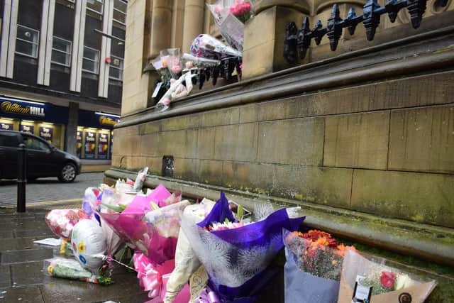 Floral tributes to Levi Odgen following her death in Halifax town centre.
