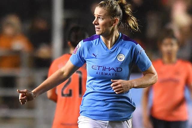 Manchester City's Gemma Bonner celebrates scoring in the Women's Super League this year. Picture: PA.
