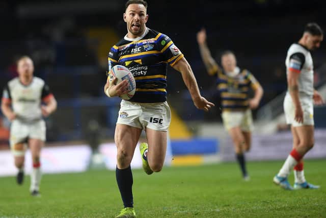 Luke Gale scored two of Rhinos' 11 tries against Warrington. Picture by Jonathan Gawthorpe.