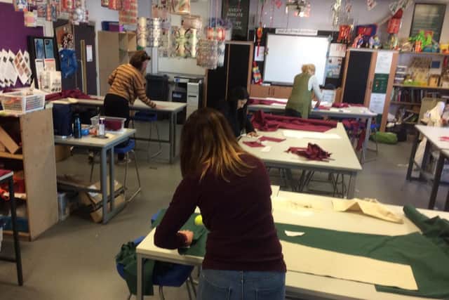 Textiles teachers at Roundhay School making scrubs for the NHS