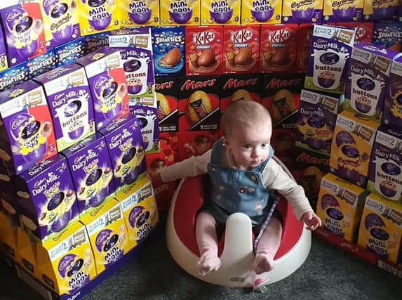Baby Maddison Holt surrounded by the thousands of Easter eggs donated to her dad Rob's Easter egg appeal for the Leeds Children's Hospital. Photo provided by Rob Holt.
