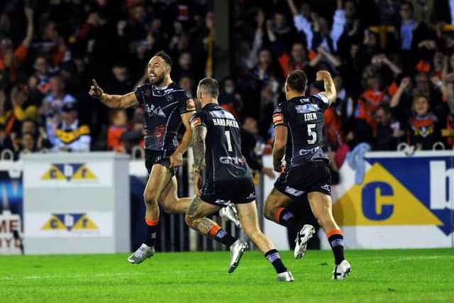 MAGIC MOMENT: Luke Gale celebrates scoring the winning drop goal for Castleford Tigers in the 2017 Super League play-off semi-final victory over St Helens. Picture: Jonathan Gawthorpe.