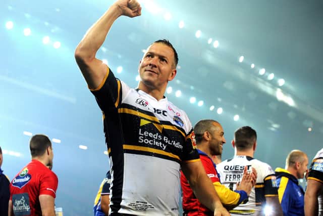 MAIN MAN: Danny McGuire celebrates after masterminding Leeds Rhinos' Super League Grand Final victory over Luke Gale's Castleford Tigers. Picture: Bruce Rollinson.