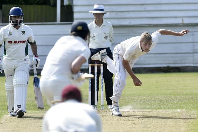 Action from Wrenthorpe v Methley in the Bradford League Championship in August last year, 
Jared Warner bowling for Methley. Picture: Steve Riding.