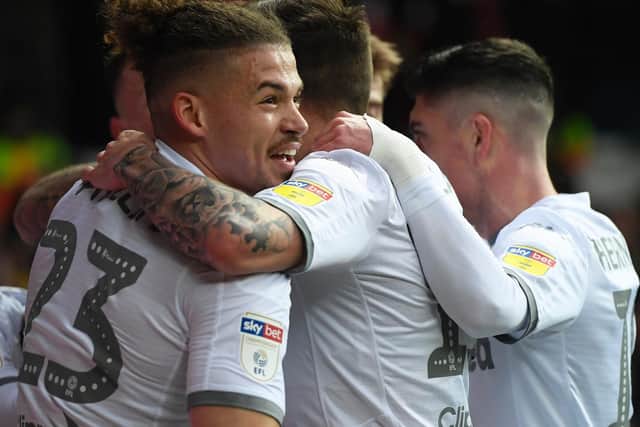 CAMARADERIE: Leeds United midfielder Kalvin Phillips, left - who took part in a feature with David Prutton for Sky Sports this week, celebrates Luke Ayling's strike in February's 1-0 win at home to Bristol City. Photo by George Wood/Getty Images.