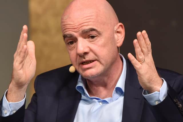 CLEAR MESSAGE: From FIFA president Gianni Infantino. Photo by ATTILA KISBENEDEK/AFP via Getty Images.