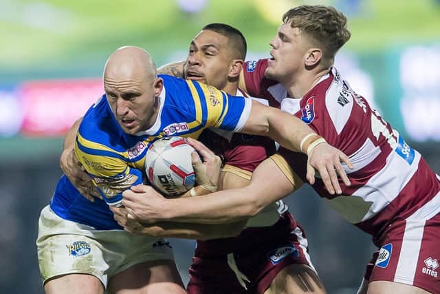 Carl Ablett takes on the Wigan Warriors defence in 2018. Picture: Allan McKenzie/SWpix.com.