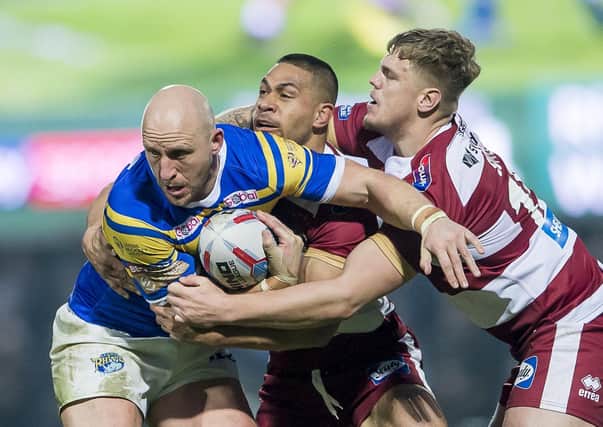 Carl Ablett takes on the Wigan Warriors defence in 2018. Picture: Allan McKenzie/SWpix.com.