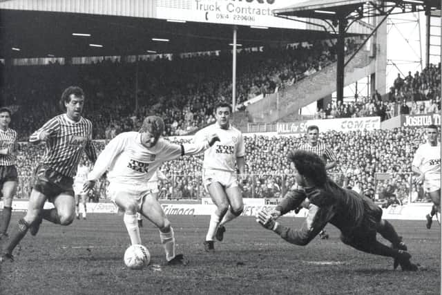 FOUR-SOME: Gordon Strachan bears down on goal as Leeds United hammer Sheffield United at Elland Road back in April 1990. Photo by YPN.