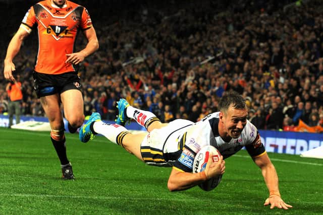Danny McGuire dives in to score Leeds Rhinos' second try in the 2017 Grand Final against Castleford.  Picture: Bruce Rollinson.