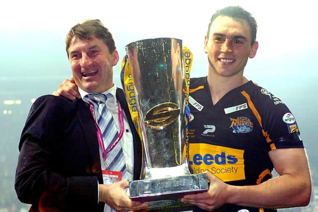 Tony Smith and Kevin Sinfield with the Super League trophy after the 2007 Grand Final. Picture: Steve Riding.