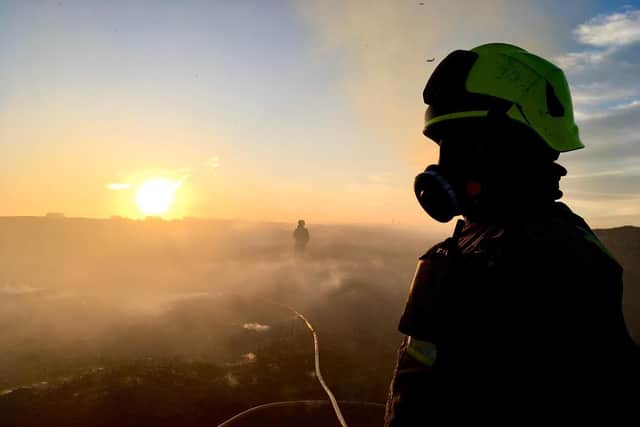 Firefighters battling a moorland fire off Turvin Road in Calderdale on Wednesday evening, as the fire service issues a warning to the public. Picture: WYFRS