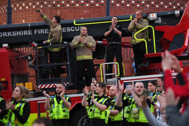 Fire-fighters at the Clap for Carers celebration outside LGI on Thursday.