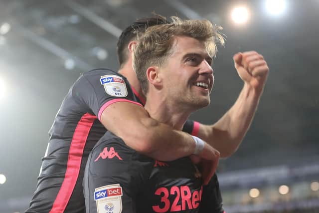 FRONTING UP: Leeds United's Patrick Bamford celebrates scoring at West Bromwich Albion. Picture: PA.