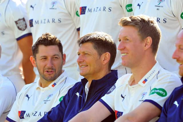 Tim Bresnsan and Martyn Moxon chat with Steven Patterson at last season's media day. Picture Tony Johnson.