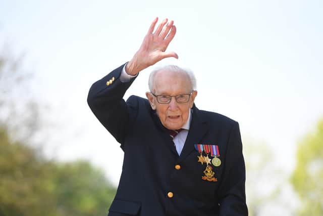 99-year-old war veteran Captain Tom Moore at his home in Marston Moretaine, Bedfordshire, after he achieved his goal of 100 laps of his garden - raising nearly £25m for the NHS.