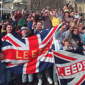 Leeds United fans celebrate winning the First Division title in City Square on April 26, 1992.
