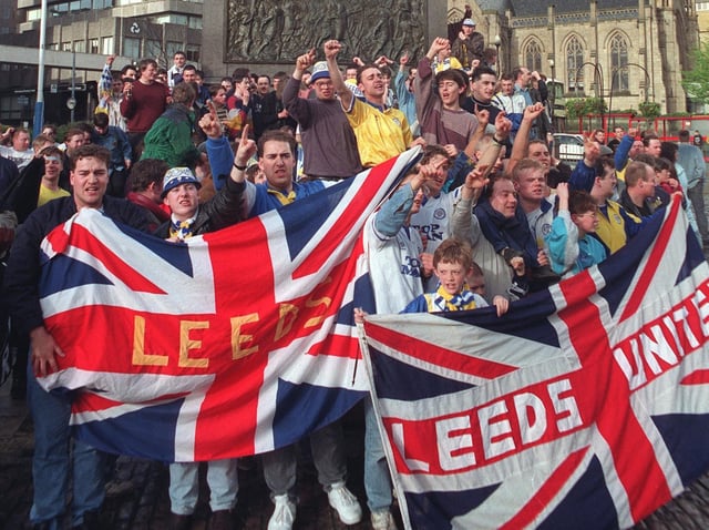 Leeds United fans celebrate winning the First Division title in City Square on April 26, 1992.