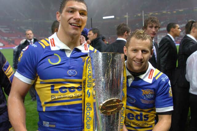 Ryan Hall and Rob Burrow after the Gramd Final in 2008. Picture: Steve Riding.