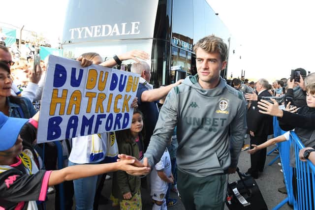 BEFORE LOCKDOWN: Leeds United striker Patrick Bamford arrives for his side's clash against Derby County at Elland Road last September. Photo by George Wood/Getty Images.