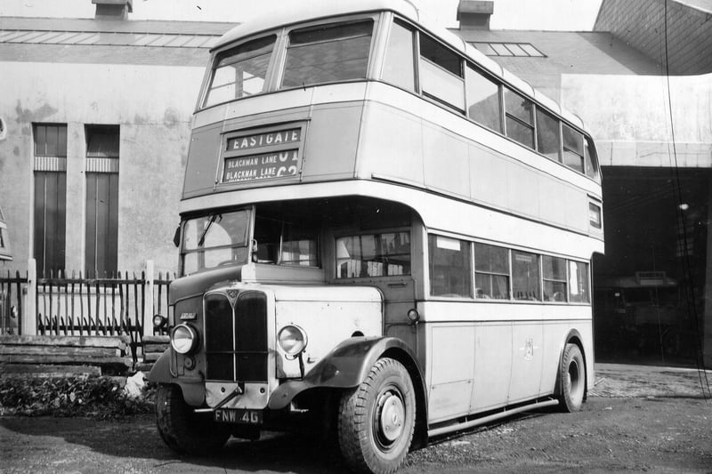 A double decker bus, number 76, photographed at Leeds City Transport Tram Depot and Bus Garage in Torre Road. The destination signs read Eastgate and Blackman Lane.