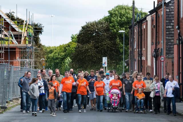 Martin on fundraising walk from Holbeck Moor Park to Elland Road Stadium in 2014 (photo: Muscular Dystrophy UK).