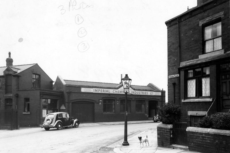 Premises of Imperial Chemical Industries Ltd (ICI), paints division, on Hudson Road viewed from Hudson Place. On the left of ICI is Pickup and Smith's bakers shop.