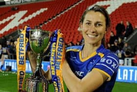 Leeds Rhinos captain Courtney Hill with the Betfred Women's Super League trophy. Picture by Steve Riding.