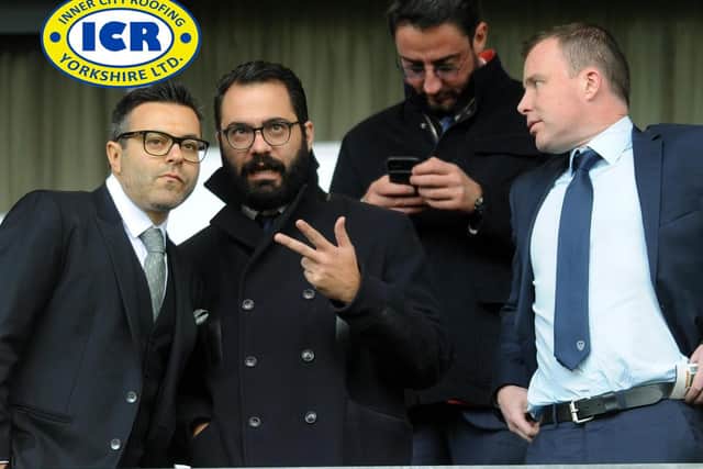 UNREALISTIC DEMANDS: Angus Kinnear, right, had a go at managing Leeds United on Football Manager and didn't appreciate his in-game communication from owner Andrea Radrizzani, left and sporting director Victor Orta, centre