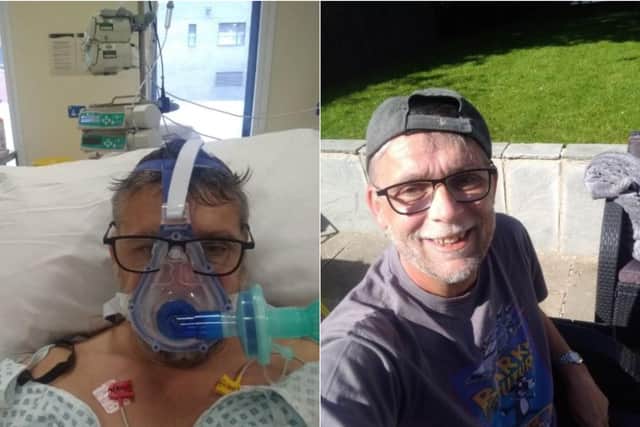 David on a ventilation machine at LGI, and back at home in Oakwood (photo: David Bolus).