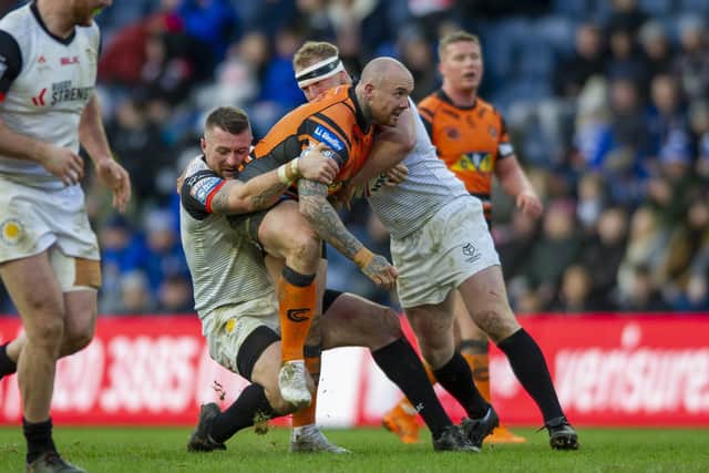 Castleford Tigers' Nathan Massey battles against Toronto Wolfpack on the opening weeklend of the season at Headingley. Picture: Tony Johnson