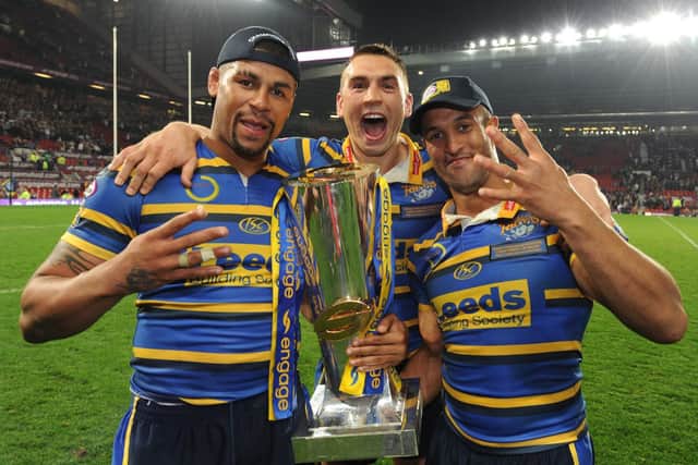 Ryan Bailey, Kevin Sinfield and Jamie Jones-Buchanan celebrate Leeds Rhinos' 2009 Super League Grand Final victory. They were the first team to win three consecutive Grand Finals. Picture: SWPix.com.