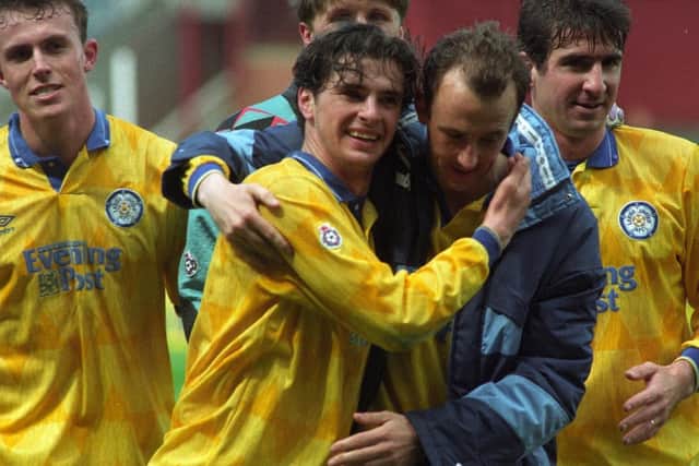 Leeds United 1992 League Champions.From left: Jon Newsome, Gary Speed, Gary McAllister and Eric Cantona with John Lukic behind.