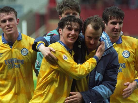 Leeds United 1992 League Champions.From left: Jon Newsome, Gary Speed, Gary McAllister and Eric Cantona with John Lukic behind.