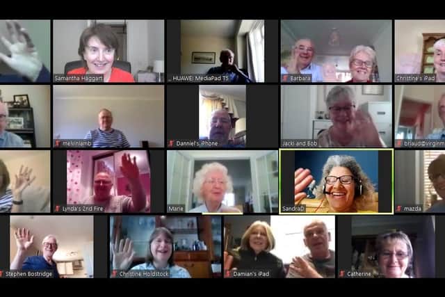Members of the 100% Digital Leeds project staying in touch.
Top row: Jim Daley ,Samantha Haggart, Ernest Walker, Barbara and Michael Lloyd, Christine Bates,
Second row: David Smith, Melvin Lamb, Danny Buckley, Jackie Lawrence, Brian Sugden,
Third row: Shirley Vardy, Lind and Gerry Pitts, Marie Broadhead , Sandra Davis, Marion Smith,
Fourth row: Stephen Bostridge, Christine Holdstock, Damian & Diane Marsden, Catherine Heselwood.
