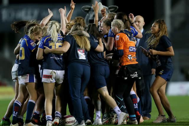 Rhinos celebrate their win in the 2019 Betfred Women's Super League Grand Final. Picture by Richard Sellers PA.