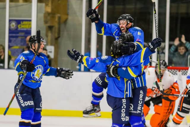 MAGIC MOMENT: Andres Kopstals celebrates Lewis Houston's overtime winner for Leeds Chiefs against Telford Tigers at Elland Road. 
Picture courtesy of Mark Ferriss.