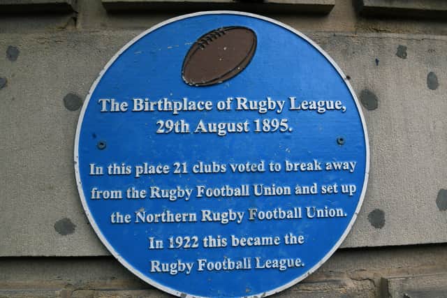 Plaque at The George Hotel in Huddersfield - the site of the birthplace of rugby league. Picture: Jonathan Gawthorpe.