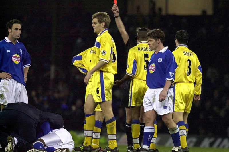 Two of Radebe's Leeds United red cards came in games against Leicester City. This one was for a tackle on Emile Heskey. He was also sent off against Everton.