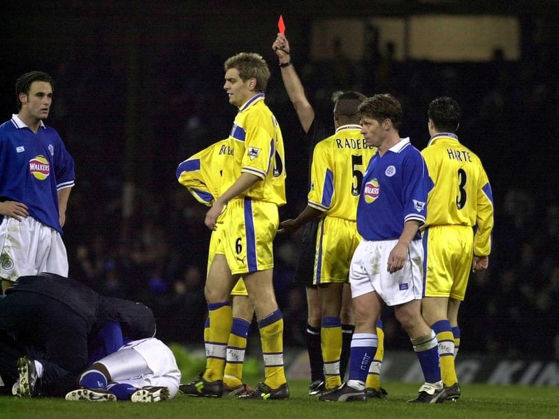 Two of Radebe's Leeds United red cards came in games against Leicester City. This one was for a tackle on Emile Heskey. He was also sent off against Everton.