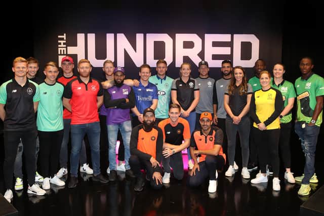 Players, including Northern Superchargers' Adil Rashid and Ben Stokes, line up following The Hundred Draft in October last year. Picture: Christopher Lee/Getty Images.
