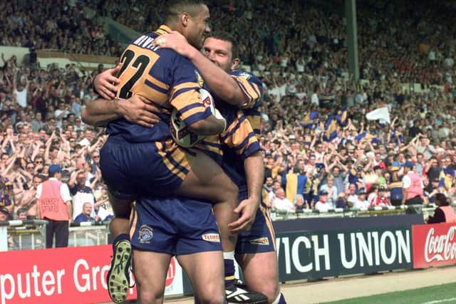 Delight as Leroy Rivett celebrates one of his four-try haul in the 1999 Challenge Cup final. Picture by Bruce Rollinson.