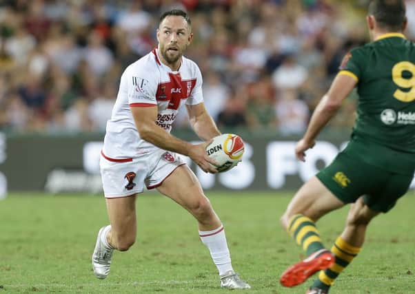 BRING ON THE AUSSIES: Luke Gale in action for England against Australia in the World Cup final of 2017. Picture: Tertius Pickard/SWpix.com/PhotosportNZ.