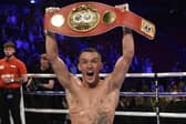 JUST CHAMPION: Josh Warrington celebrates after beating Sofiane Takoucht at Leeds Arena last October. Picture: Steve Riding.