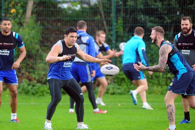 Kylie Leuluai in the middle of training at Kirkstall ahead of the 2015 Grand Final. Picture by Tony Johnson.