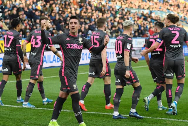 FRESH HOPE: Pablo Hernandez celebrates scoring Leeds United's second goal in December's 2-0 win at Huddersfield Town. A new letter from EFL chairman Rick Parry has offered more hope that the season will be finished on the pitch. Photo by George Wood/Getty Images.