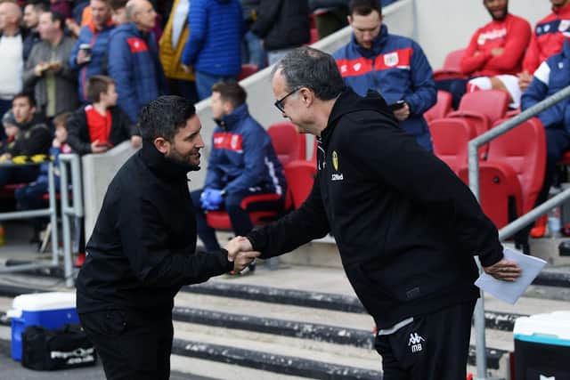 HUGE RESPECT: Bristol City boss Lee Johnson shakes hands with Leeds United head coach Marcelo Bielsa before the two sides locked horns at Ashton Gate back in March 2019. Picture by Jonathan Gawthorpe.