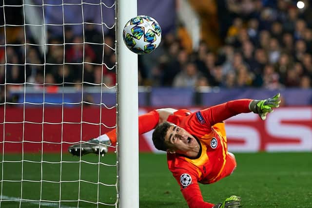 THRIVING: Chelsea goalkeeper Kepa Arrizabalaga keeps out Daniel Parejo's penalty in a 2-2 draw at Champions League hosts Valencia last November. Photo by Manuel Queimadelos Alonso/Getty Images.