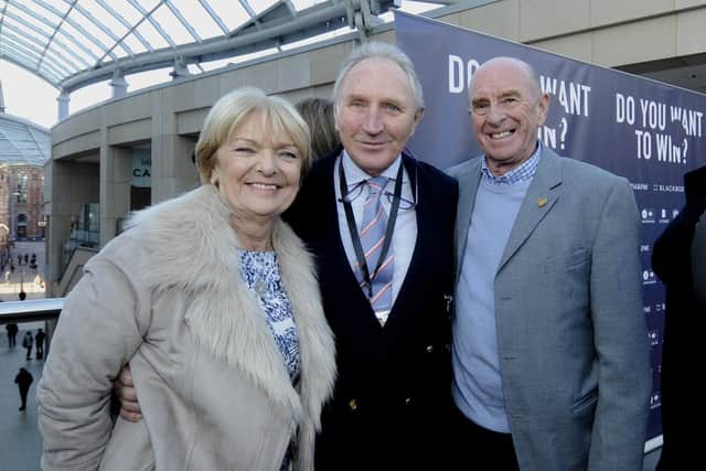 FAMILY: Howard Wilkinson pictured with Gary Speed's parents Roger and Carol Speed in 2017. Picture: Simon Hulme